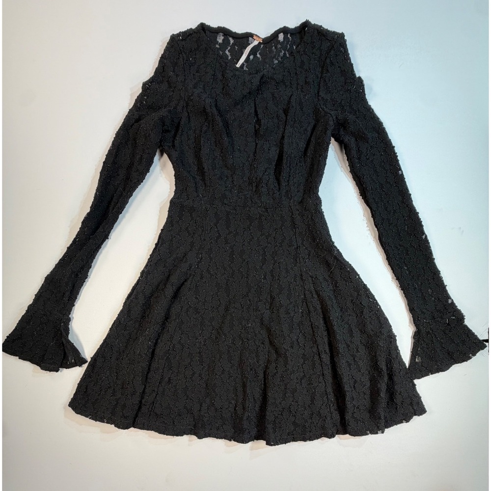 Free People Black Lace Long Sleeve Mini Dress Fit & Flare XS Boho Gothic